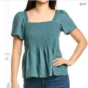 Madewell Linen Blend Smocked Peplum Blouse Teal Size Large